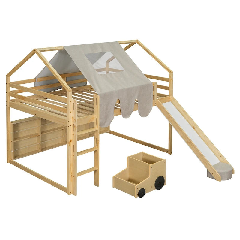 Solid Wood Loft Bed with Tent and Car Shaped Cabinet, Twin/Full Size Loft Bedframe with Storage Shelves and Roof Frame