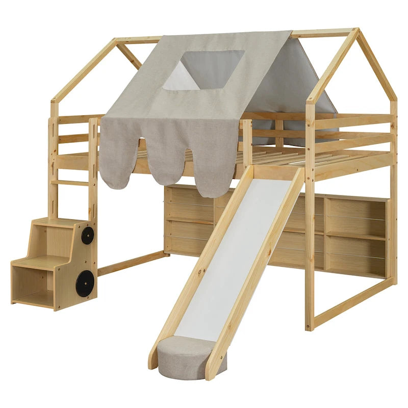 Solid Wood Loft Bed with Tent and Car Shaped Cabinet, Twin/Full Size Loft Bedframe with Storage Shelves and Roof Frame