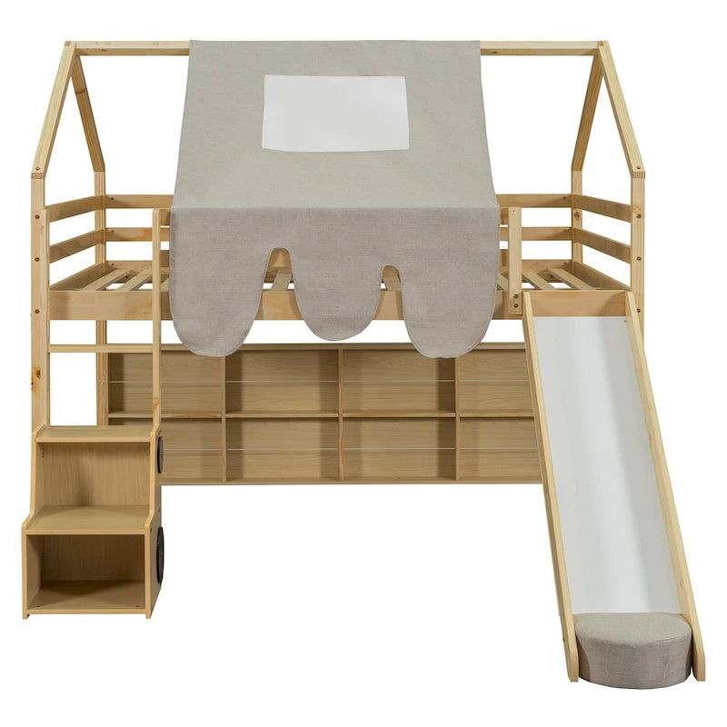 Solid Wood Loft Bed with Tent and Car Shaped Cabinet, Twin/Full Size Loft Bedframe with Storage Shelves and Roof Frame
