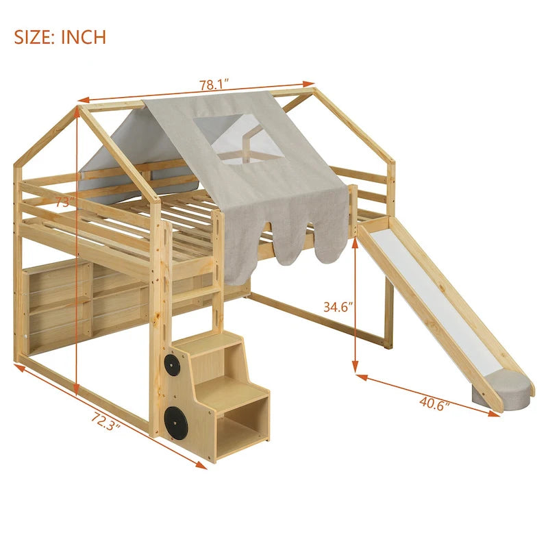 Solid Wood Loft Bed with Tent and Car Shaped Cabinet, Twin/Full Size Loft Bedframe with Storage Shelves and Roof Frame