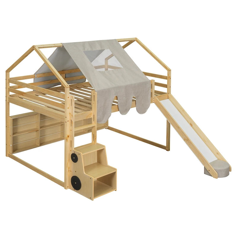 Solid Wood Loft Bed with Tent and Car Shaped Cabinet, Twin/Full Size Loft Bedframe with Storage Shelves and Roof Frame