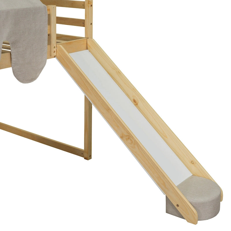Solid Wood Loft Bed with Tent and Car Shaped Cabinet, Twin/Full Size Loft Bedframe with Storage Shelves and Roof Frame