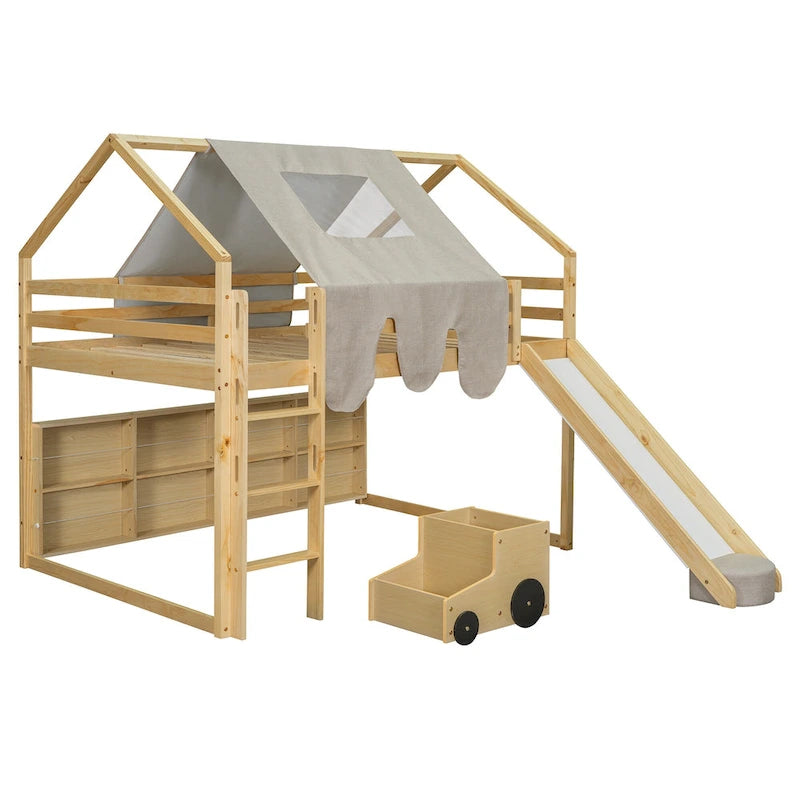 Solid Wood Loft Bed with Tent and Car Shaped Cabinet, Twin/Full Size Loft Bedframe with Storage Shelves and Roof Frame