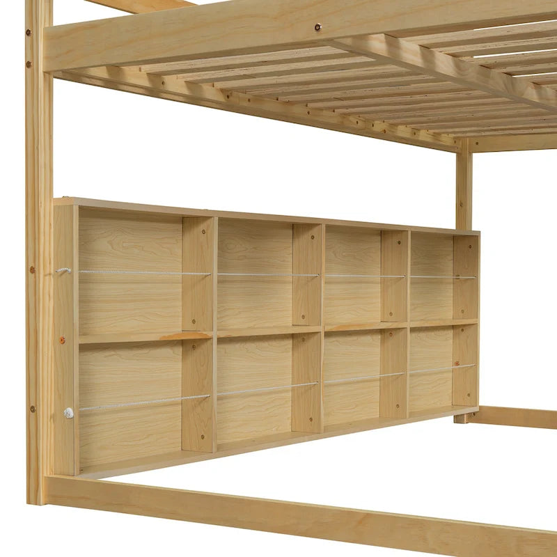 Solid Wood Loft Bed with Tent and Car Shaped Cabinet, Twin/Full Size Loft Bedframe with Storage Shelves and Roof Frame