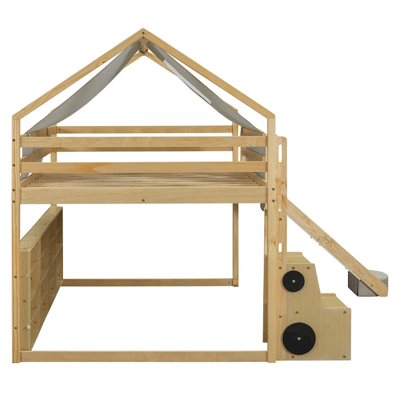 Solid Wood Loft Bed with Tent and Car Shaped Cabinet, Twin/Full Size Loft Bedframe with Storage Shelves and Roof Frame