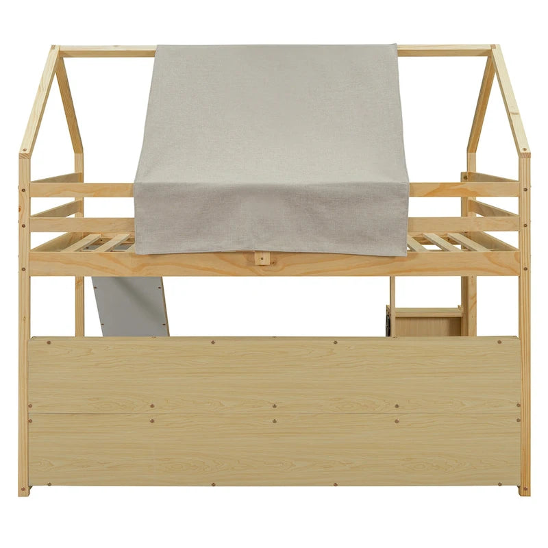 Solid Wood Loft Bed with Tent and Car Shaped Cabinet, Twin/Full Size Loft Bedframe with Storage Shelves and Roof Frame