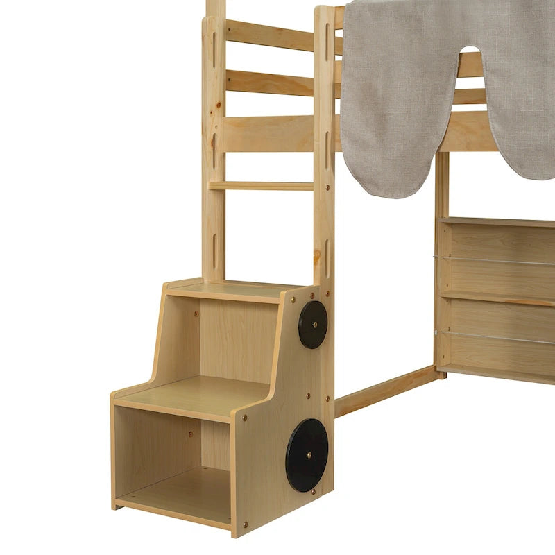 Solid Wood Loft Bed with Tent and Car Shaped Cabinet, Twin/Full Size Loft Bedframe with Storage Shelves and Roof Frame