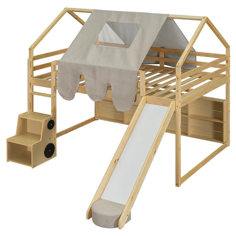 Solid Wood Loft Bed with Tent and Car Shaped Cabinet, Twin/Full Size Loft Bedframe with Storage Shelves and Roof Frame