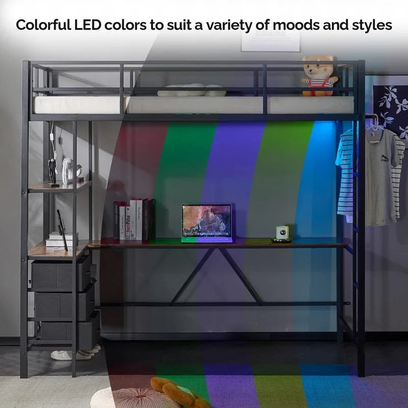 Black Twin Raised Bed with Desk Bookshelf Drawers Socket Light Strip Iron Bed USA
