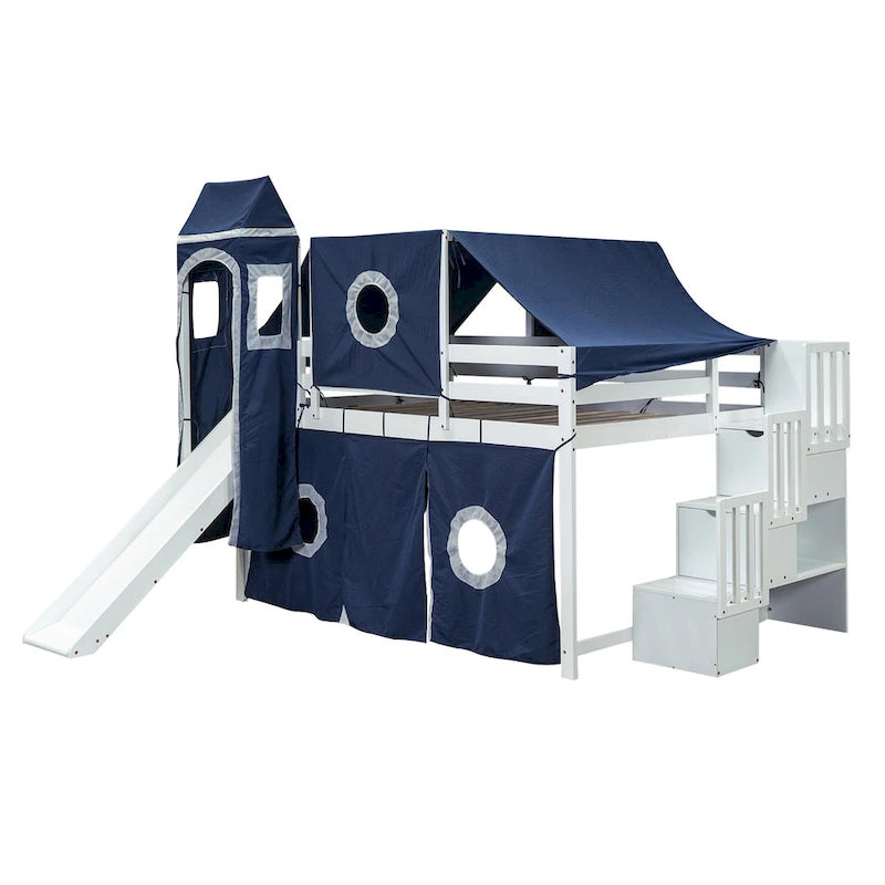 Wood Loft Bed with Storage Staircase and Slide, Tent and Tower, Full-Length Guardrail
