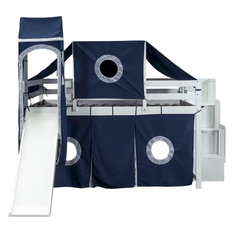 Wood Loft Bed with Storage Staircase and Slide, Tent and Tower, Full-Length Guardrail