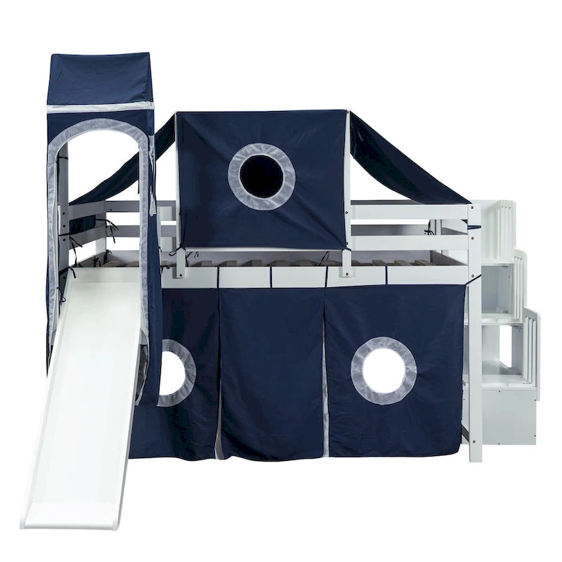 Wood Loft Bed with Storage Staircase and Slide, Tent and Tower, Full-Length Guardrail